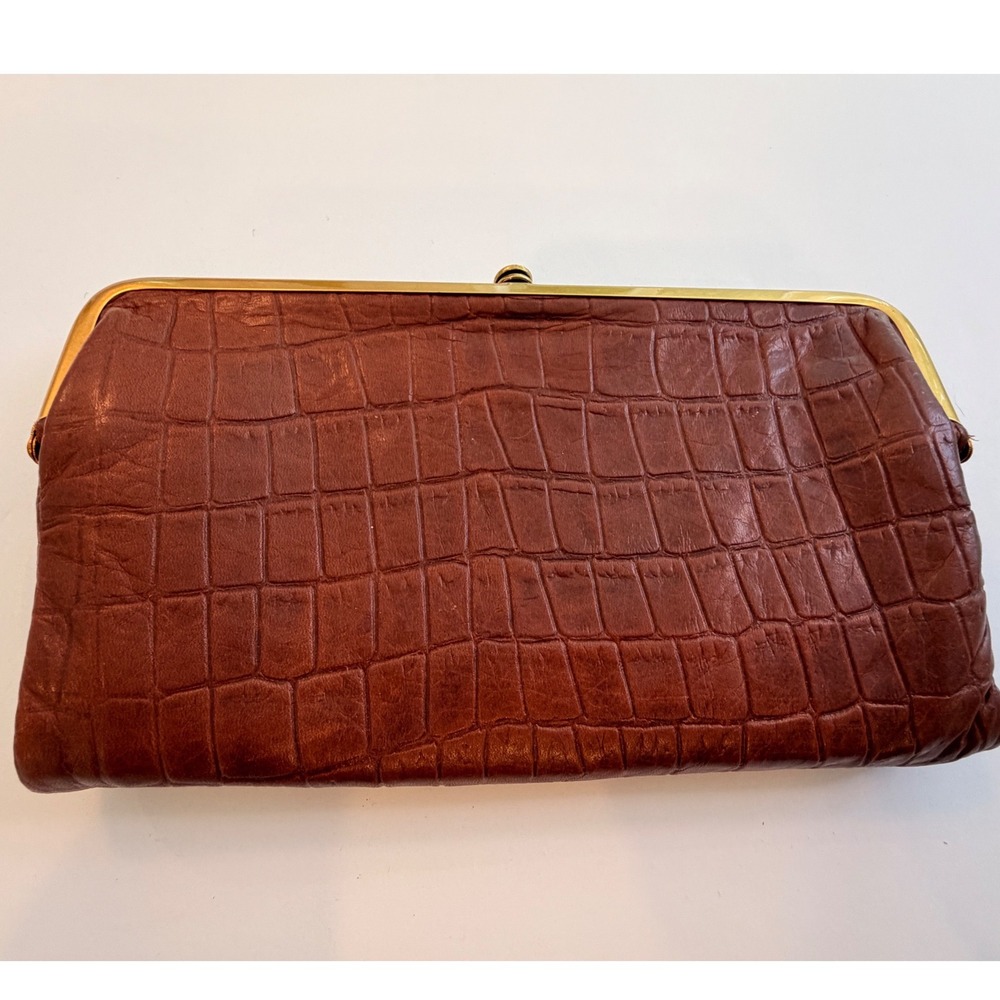 Hobo Lauren Clutch Wallet Cognac Croc Embossed Leather Double Frame Kiss Lock